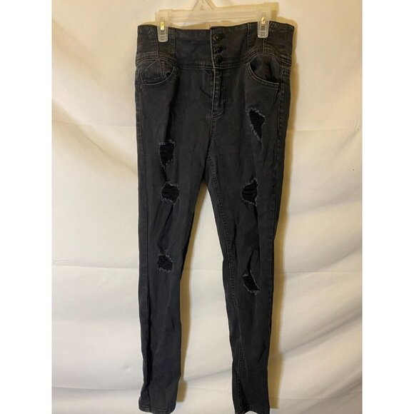 BLUE SPICE WOMENS JUNIORS SIZE 9 BLACK JEGGINGS STRETCH DISTRESSED HIGH WAIST - Picture 1 of 2